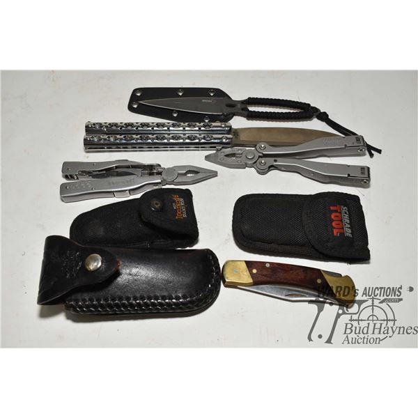 Selection of knives and tools including Boker plus 0329 w/ sheath, small Meyero knife w/ sheath, Sch