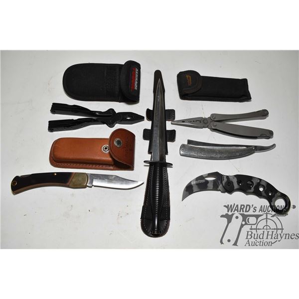 Selection of knives and tools including Schrade old timer in leather sheath, Schrade multi tool in c