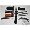 Image 1 : Selection of knives and tools including Schrade old timer in leather sheath, Schrade multi tool in c