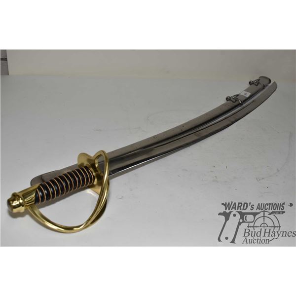 Reproduction Ames Model 1862 cavalry saber and metal scabbard w/ 34" blade, brass hilt and wrapped h