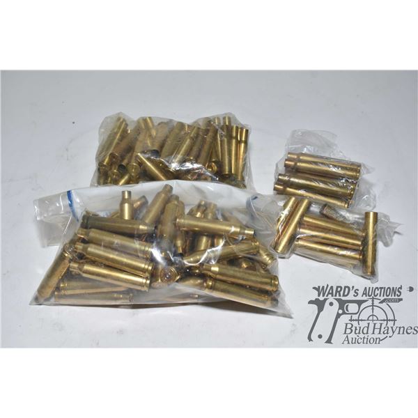 Selection of rifle brass including 45 7mm, 9 .300 weatherby mag, 65 .30-30 win and 11 .444 marlin