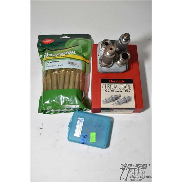 Hornady custom grade .30 win mag die set in dillon tool block, conversion set and one full 50 count 