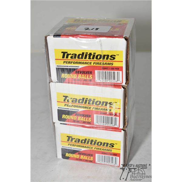 Three full 100 count boxes of Traditions Revolver round balls .44 cal .451 dia