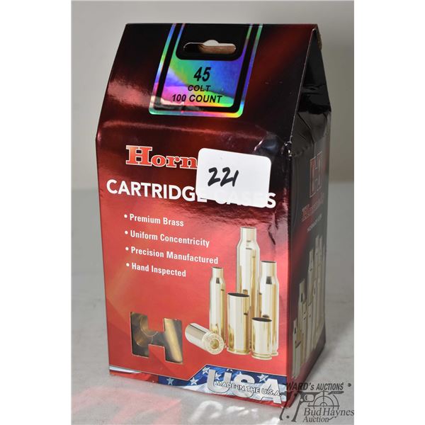 One full 100 count box Hornady .45 colt unprimed cases