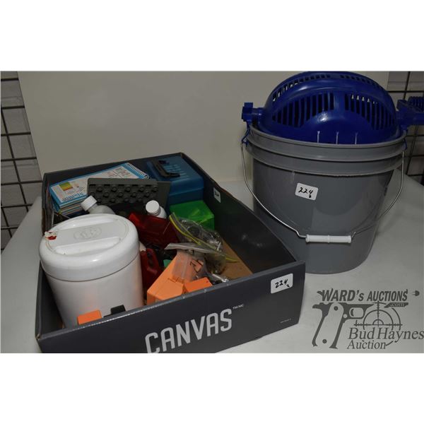 Selection of loading tools including reamer scale, ammo pins, labels, powder trickler, etc. Plus bag