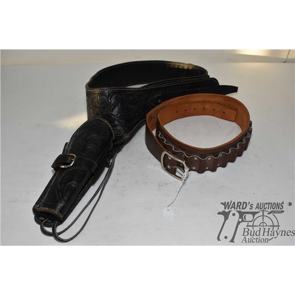 Two leather belts including one black Mexican made belt w/ bullet holders and holster, size 38"-46" 