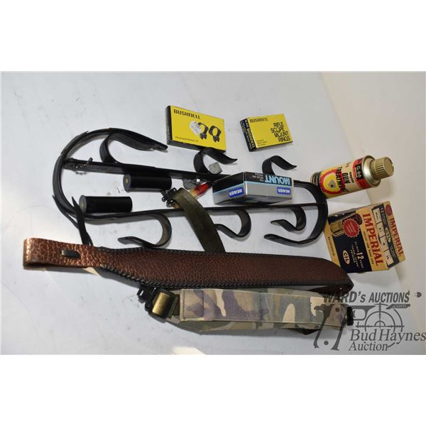 Selection of gun misc. including Kassnar 8x56 scope, Bushnell and Weaver rings, rifle butt plate, tr