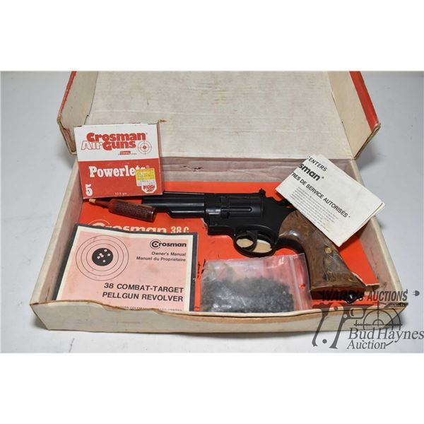 Crosman 38 combat-target pellgun revolver w/ original box, manual, pellets and CO2 cartridge. Plus a