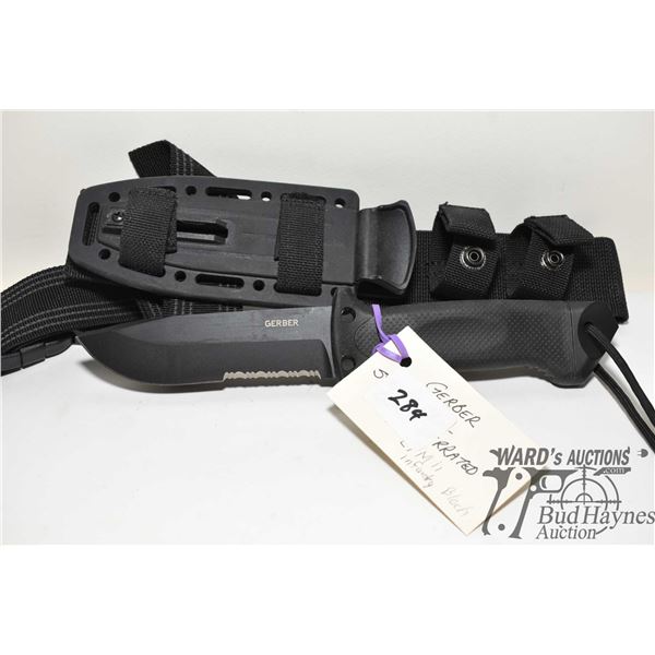 Gerber Army Forces survival knife w/ 5" black serrated edge blade, hard plastic and webbed sheath an