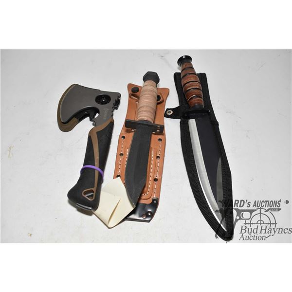 Ontario Airforce survival knife model 6150 w/ leather sheath and sharpening stone, a Gerber G 2698 M