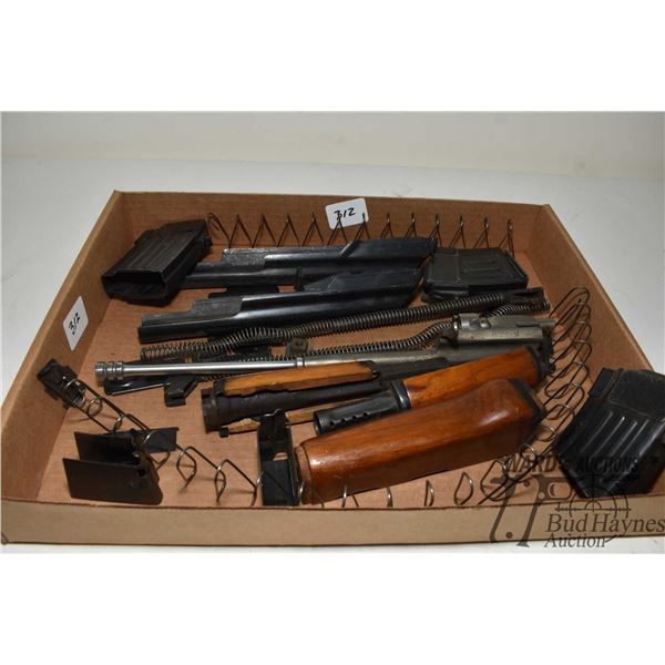 Selection of AK parts including bolt carrier w/ piston, upper handguard w/ gastube, handguard, mags 