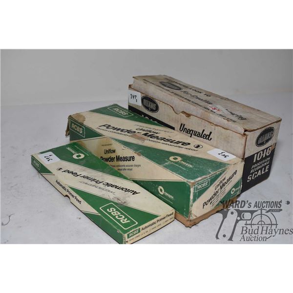 Selection of loading tools including RCBS powder measure in box, RCBS automatic primer feed in box a