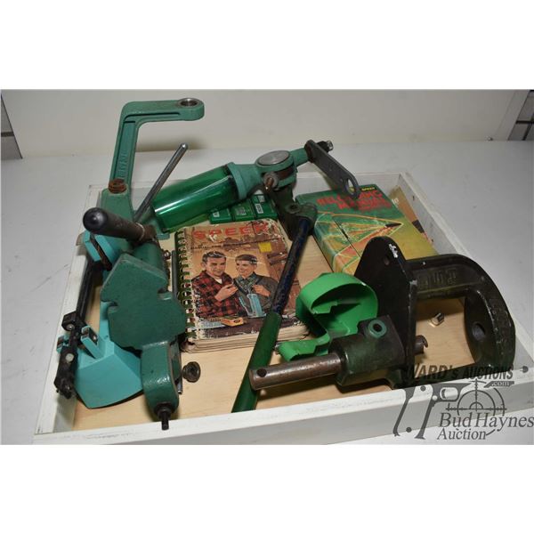 Selection of RCBS loading tools including powder measure, presses, scale, bullet sizer dies, etc