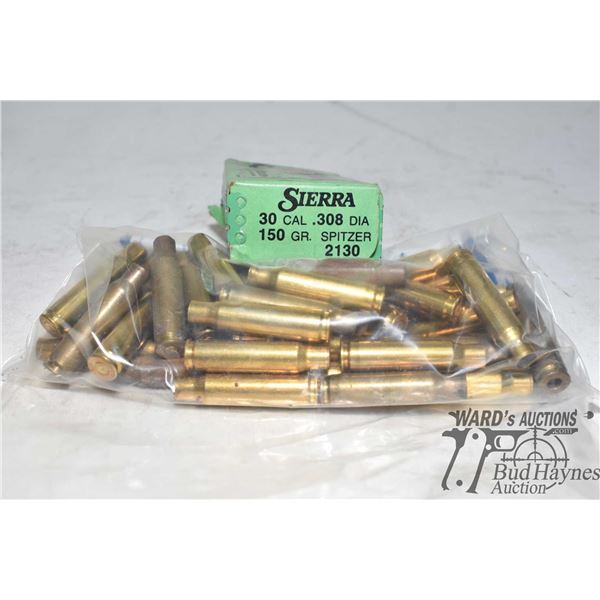 Bag w/ 44 .308 brass and one full 100 count box Sierra .30 cal 150 gr spitzer bullets