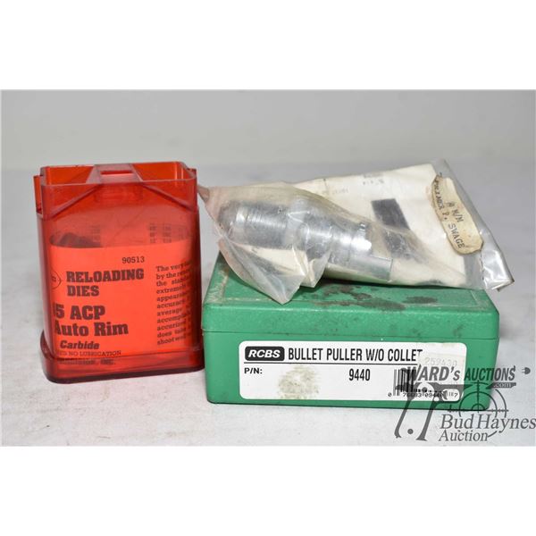 Bag w/ one RCBS bullet puller w/o collet, a 9mm primer swage and a Lee .45 ACP auto rim