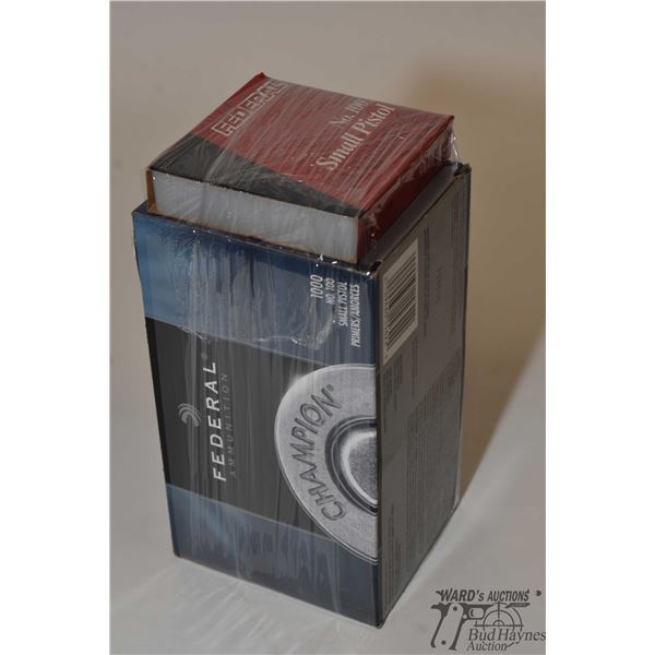 One full 1000 count box of Federal small pistol primers No. 100 and a 100 count pack