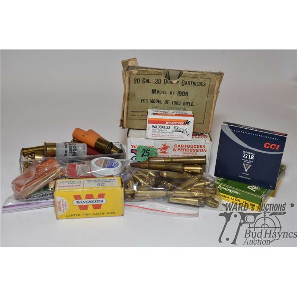 Selection of ammo including partial 46 count box of mixed .22 LR, 26-22 HMR, one 7.65 luger, one 9mm