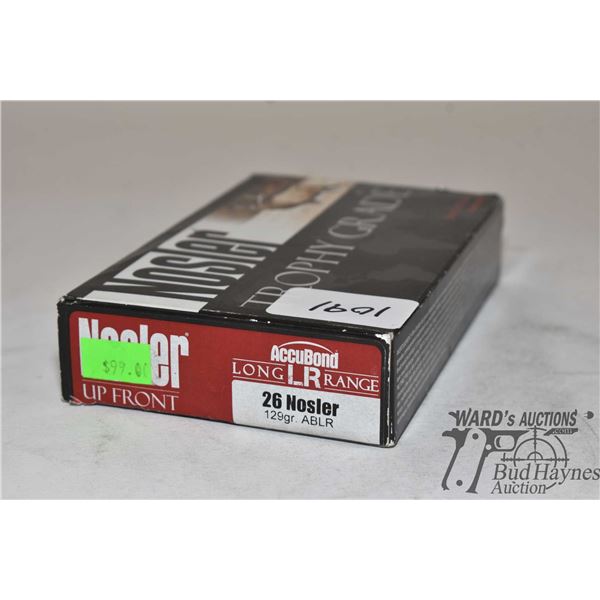 One partial 19 count box of Nosler up front 26 Nosler 129 gr ABLR