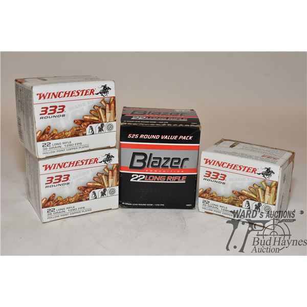 Two full 333 count boxes of Winchester .22 LR 36 gr HP, one full 525 count box of Blazer .22 LR 40 g