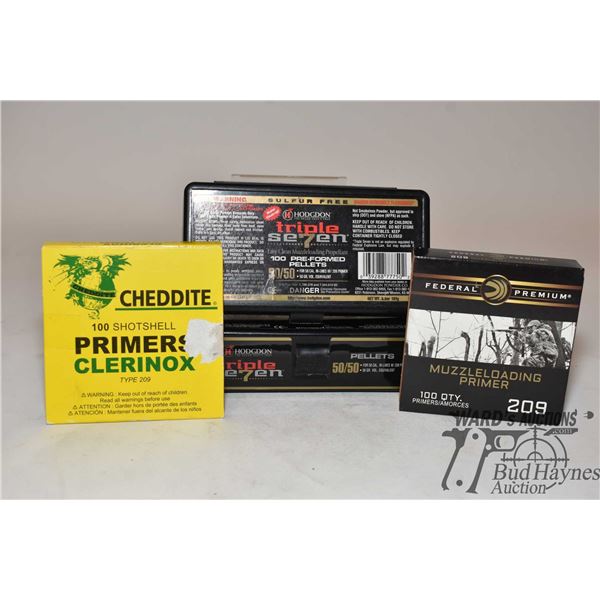 One full 100 count box of Hogdon triple se7en pre-formed pellets for .50 cal and a 27 count box, plu