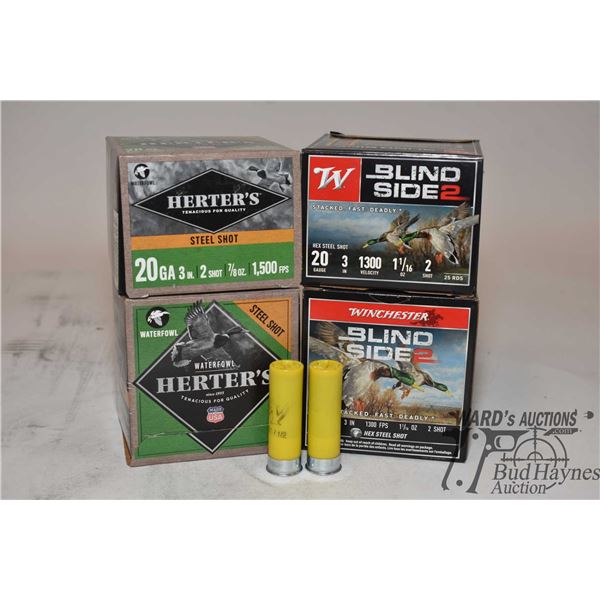 Four full 25 count boxes of 20 GA 2 3/4" #2 including two Herter's steel shot and two Winchester bli