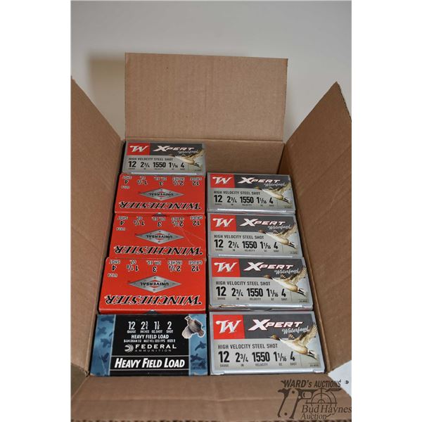 Eight 25 count boxes of Winchester 12 GA 2 3/4" #4 including five Xpert waterfowl and three Universa