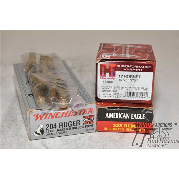 Selection of partial boxes of ammo including 19 count Winchester 204 ruger 34 gr JHP, 14 count box o
