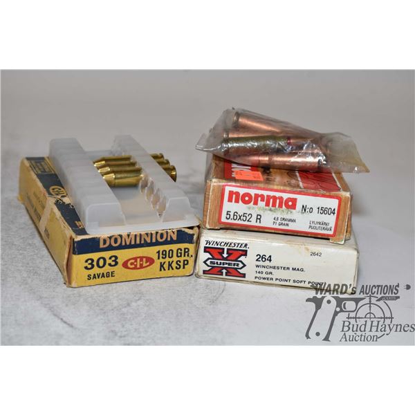 Selection of partial boxes of ammo including 12 count Norma 5.6 x 52R 71 gr, 7 count vintage Dominio