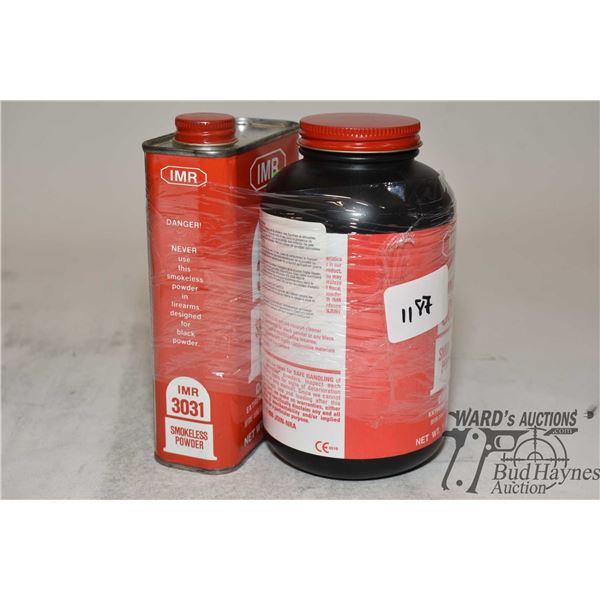 One full and one partial 1 lb containers of IMR 3031 powder (1.6 lbs total)