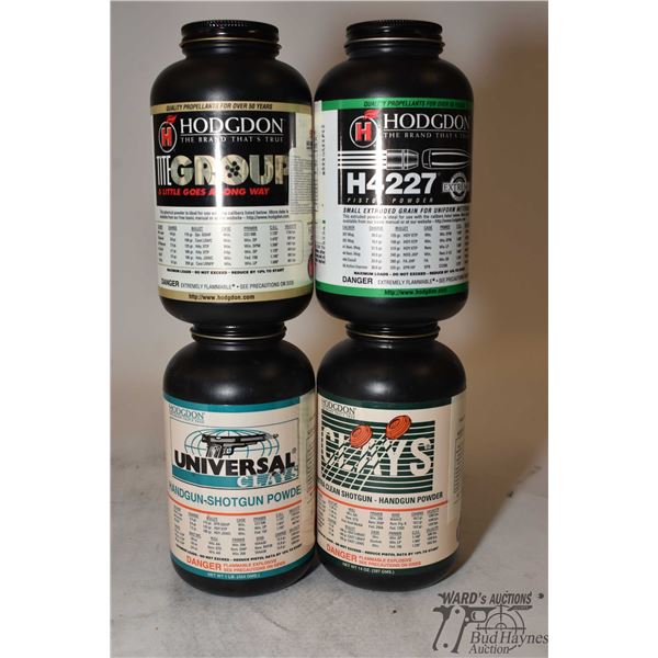 One full 1 lb container of Hodgdon Tite group pistol powder and 3 partial containers of pistol powde