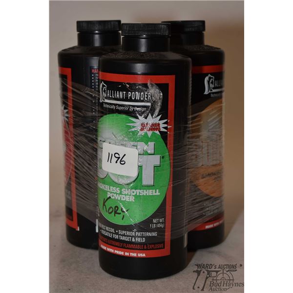 One full 1 lb container of Alliant Greendot powder, plus two partial containers totalling 1.2 lbs of