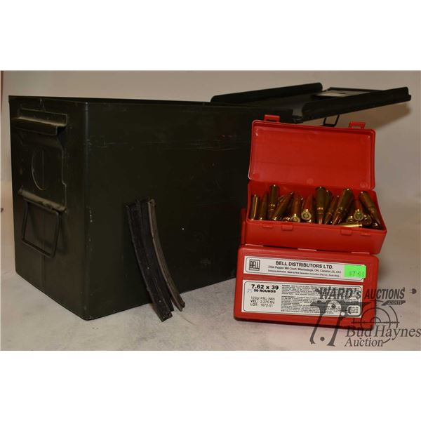 Metal ammo box w/ 185 rounds of 7.62 x 39 reloads, plus 195 10 round stripper clips