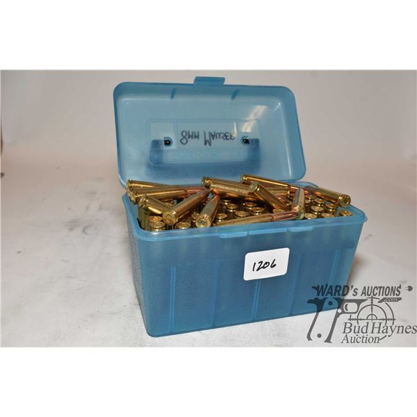 Plastic ammo box w/ 65 rounds of 8mm x 57 (mauser) reloads