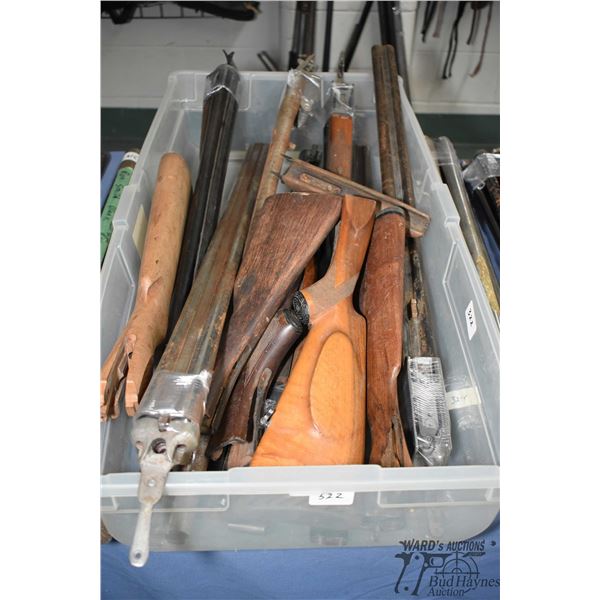 Selection of double barrel short gun parts including barrels, actions, buttstocks and forwood
