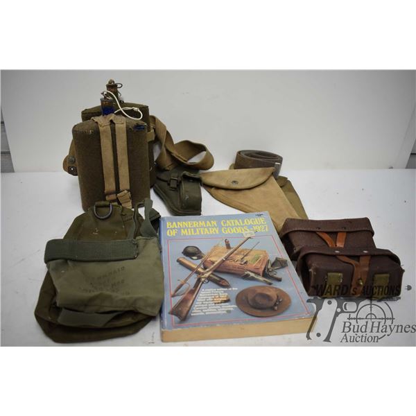Selection of Military items including two metal water containers, three webbes holsters, two leather