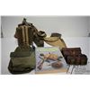 Image 1 : Selection of Military items including two metal water containers, three webbes holsters, two leather