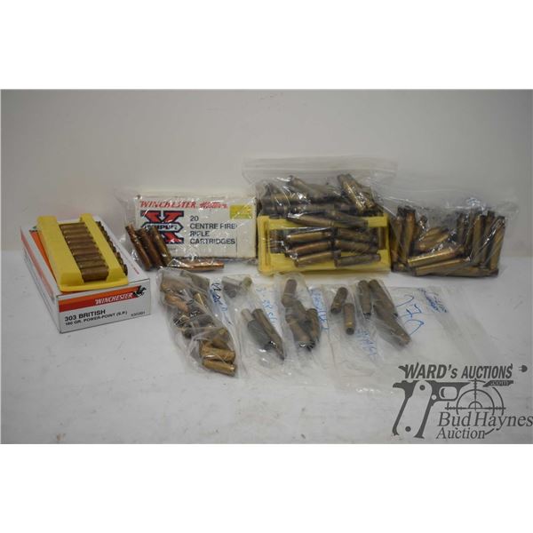 Selection of used brass including 60 .308 win, 30 7mm RM, 25 .30-30 win, 17 .303 brit, 9 6.5 msch, 4