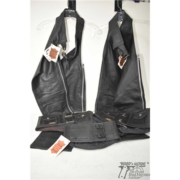 Selection of smal size leather garmets including two pairs of open chaps and three kidney belts