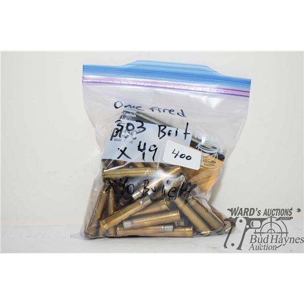 Bag w/ 49 .303 brit once fired brass and a 40 count box Speer 180 gr HCRN bullets