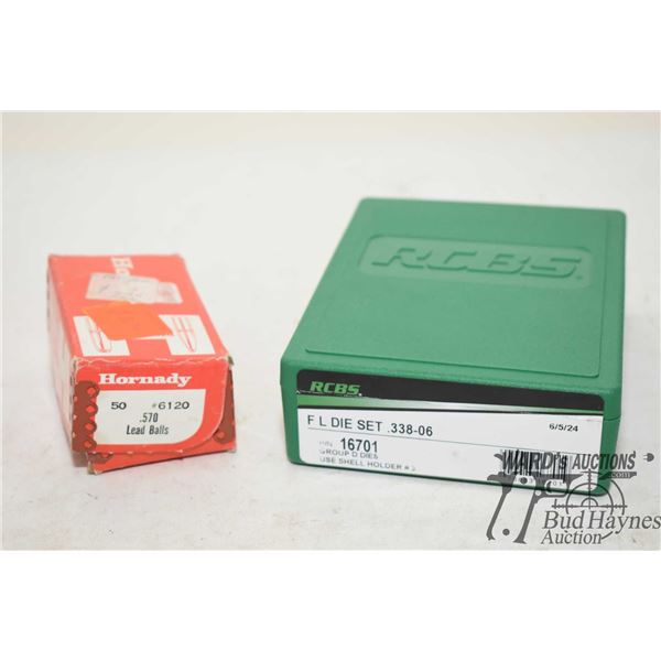 RCBS FL die set .338-06 and a 50 count box Hornady .570 cal lead balls