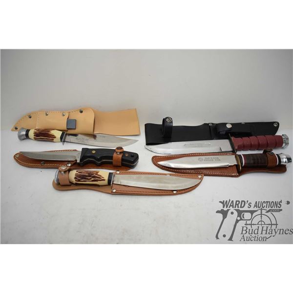 Five hunting knives w/ sheaths including two Tramontina made in Brazil