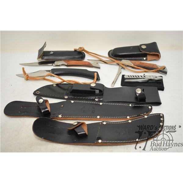Three pocket knives (two w/ cases) and a multi tool, plus three leather knife sheaths sheaths