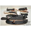 Image 1 : Three pocket knives (two w/ cases) and a multi tool, plus three leather knife sheaths sheaths
