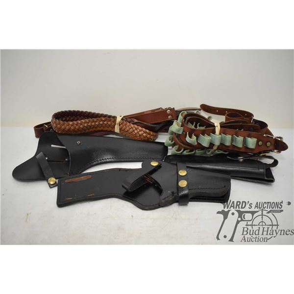 Three assorted black leather holsters, two 12 GA ammo belts and three leather gun slings