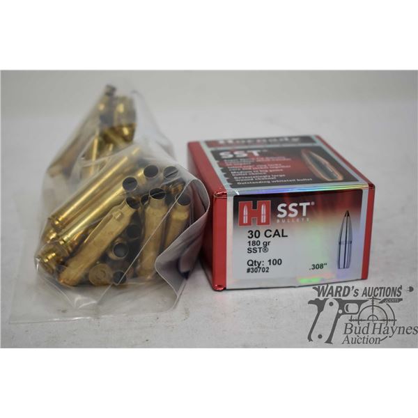 One full 100 count box of Hornady .30 cal 180 gr SST bullets and 50 primed .300 win mag cases