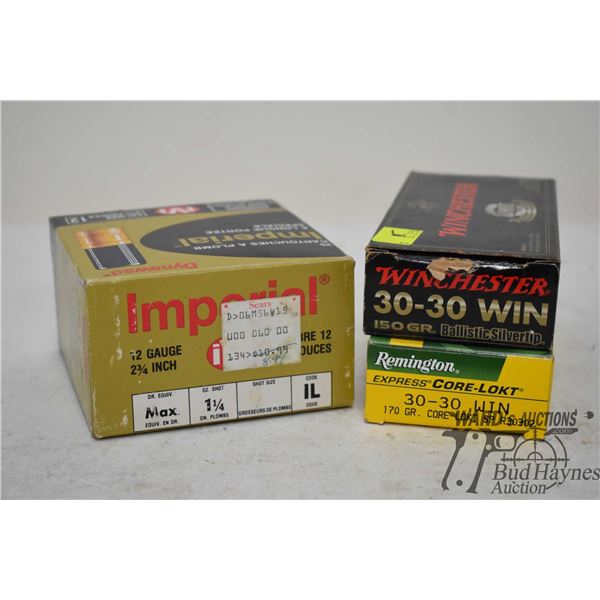 Selection of ammo including one full 20 count box Winchester .30-30 150 gr ballistic silvertip, one 