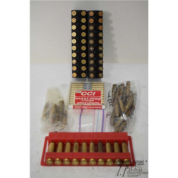 Selection of .22 cal ammo including 20 count pack of CCI maxi-mag .22 WMR shot shells, 19 .222 rem, 