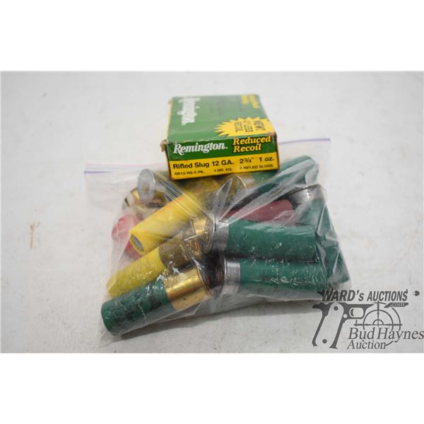 Selection of 12 GA ammo including full 5 count box Remington 2 3/4  rifled slugs and a bag w/ 13 ass