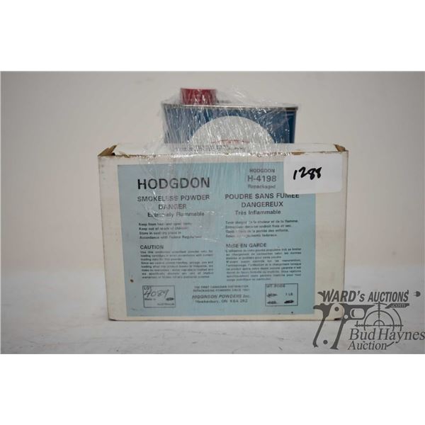 One full 1 lb container of Hodgdon H-4198 gun powder and a partial tin of MIR 4198 (approx. 1/3)
