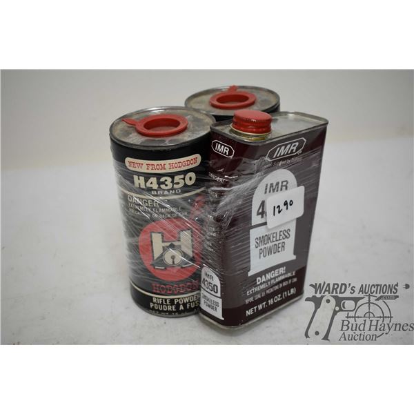 Two full 1 lb tins of Hodgdon H4350 powder and a partial tin 1/2 full of IMR 4350